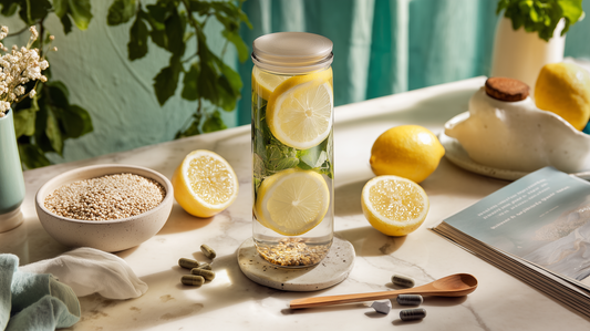 Glass of lemon water surrounded by healthy ingredients and a printed fasting guide on a kitchen counter.